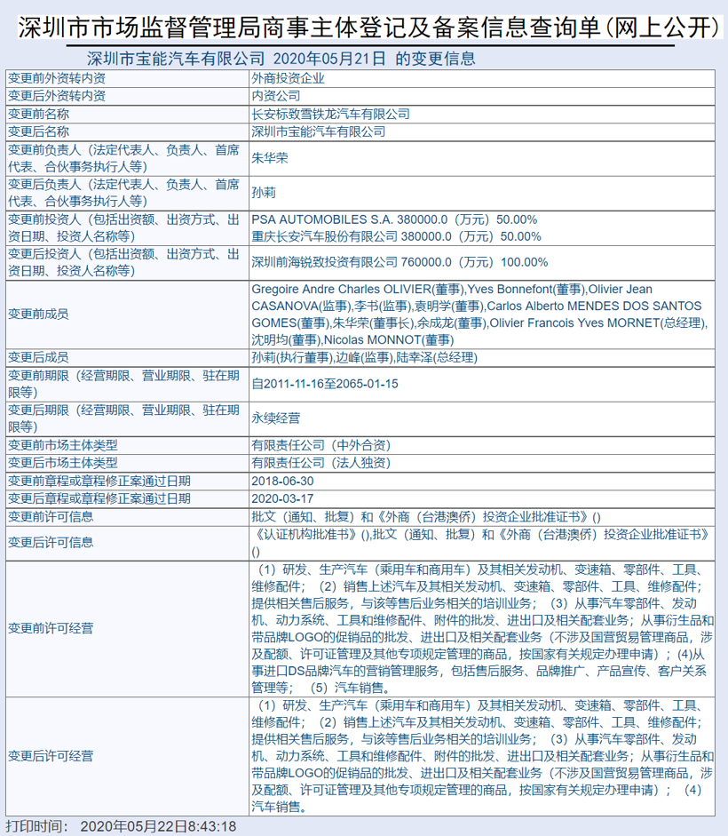 工商變更已完成 長安PSA正式更名為寶能汽車