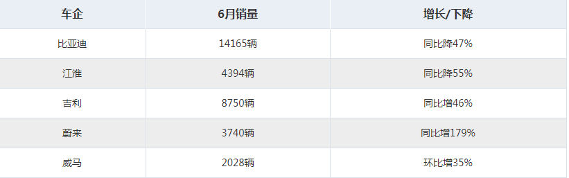 5家車企6月新能源車銷量 比亞迪/江淮遭腰斬