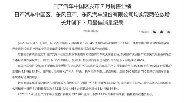 7月同比增長13.5% 東風日產(chǎn)累銷54.5萬輛
