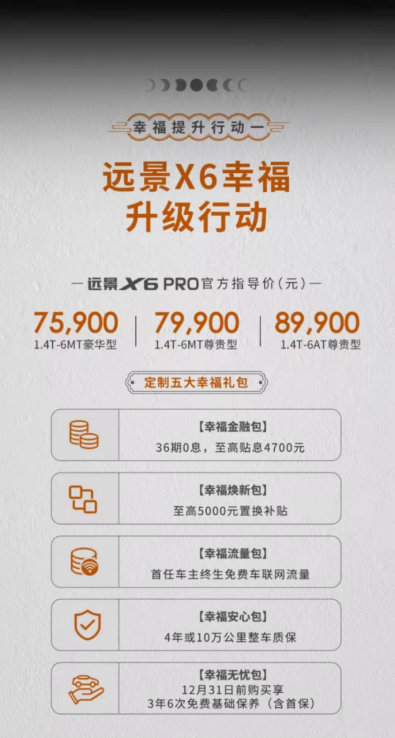 定制五大幸福禮包，遠(yuǎn)景X6 PRO售7.59萬起