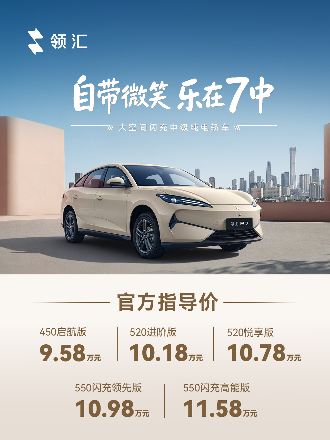  領匯e7上市9.58 萬元起，搭載閃充技術覆蓋家用與營運雙場景